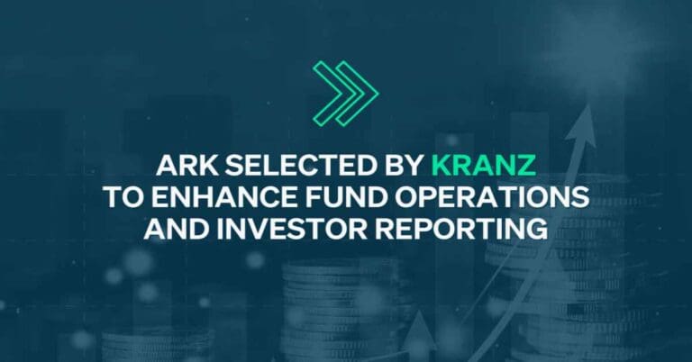 title "ark selected by kranz to enhance fund operations and investor reporting" over Kranz Consulting press release template with blue background and arrow icon
