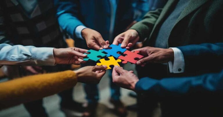 Teamwork of partners. concept of integration and startup with puzzle pieces. Generative AI