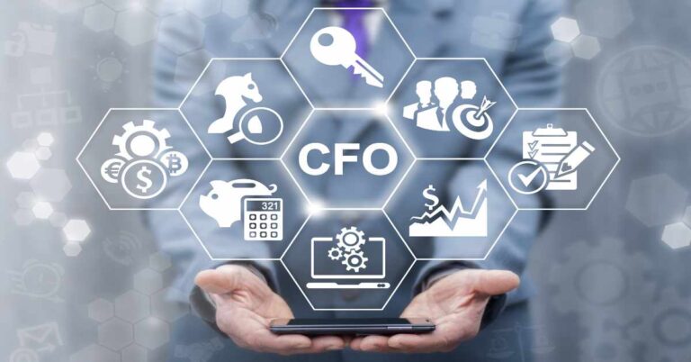 CFO - Chief Financial Officer business concept. Leadership, mobile internet technology, finance, strategy office work. Businessman offers smart phone with CFO icon on virtual