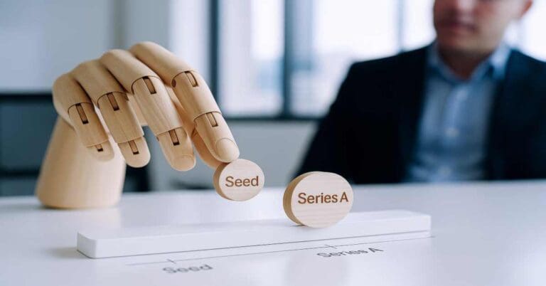 series A funding, An entrepreneurship and startups concept with wooden robotic hand showing seed and series funding stages in modern office setting