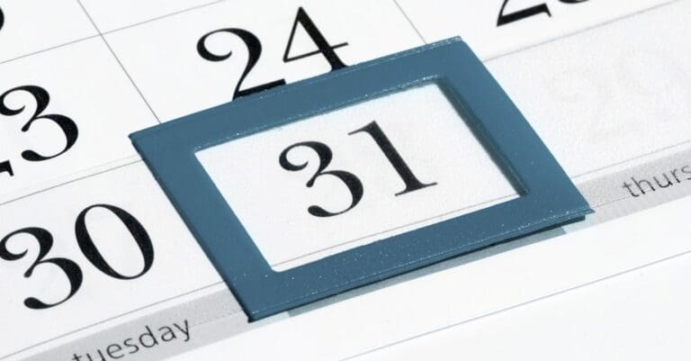 Calendar page with the last date of month outlined in blue